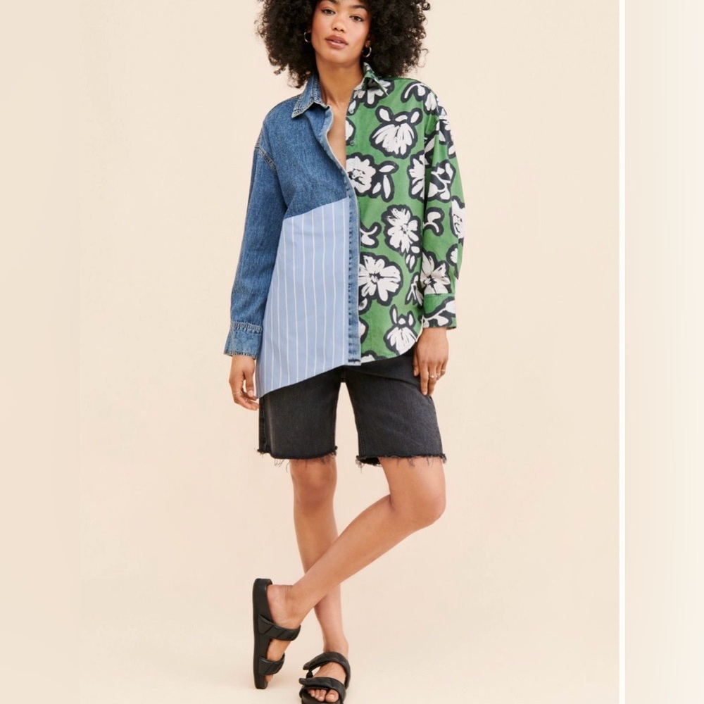 Oversized Patchwork Button Down Shirt. Sz S - image 4